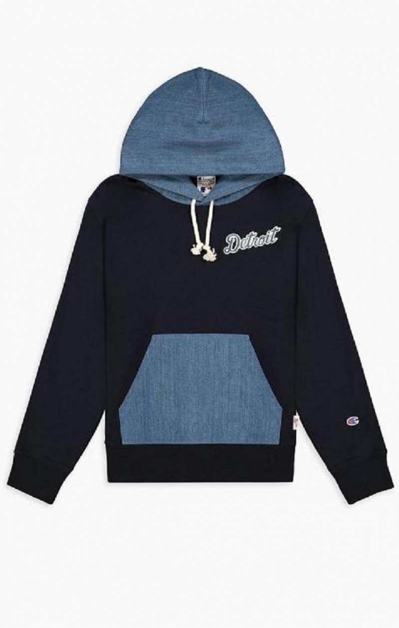 Champion Detroit MLB Denim + Reverse Weave Hoodie Férfi Kapucnis Pulóver Sötétkék | 4106-MPLHA