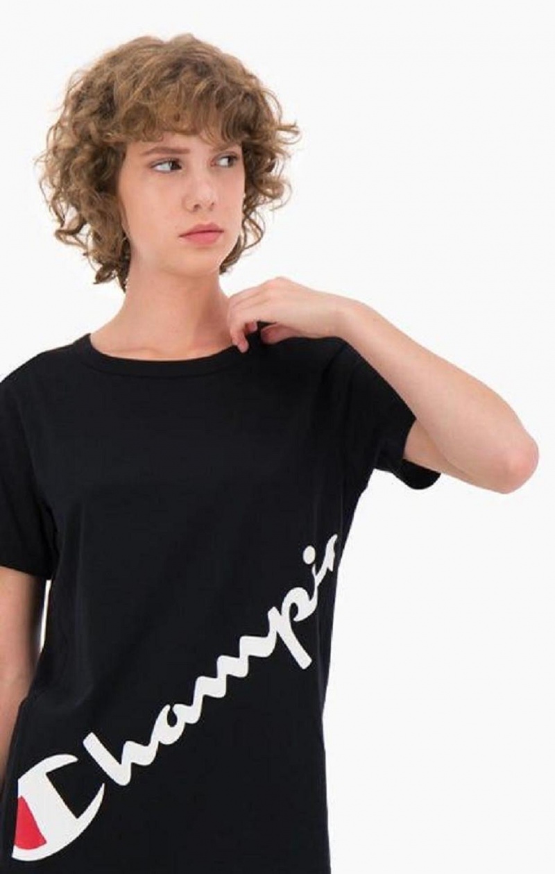 Champion Diagonal Script Logo Print T-Shirt Női Póló Fekete | 9572-VDRFO