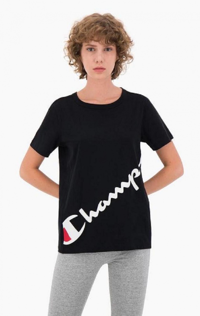 Champion Diagonal Script Logo Print T-Shirt Női Póló Fekete | 9572-VDRFO