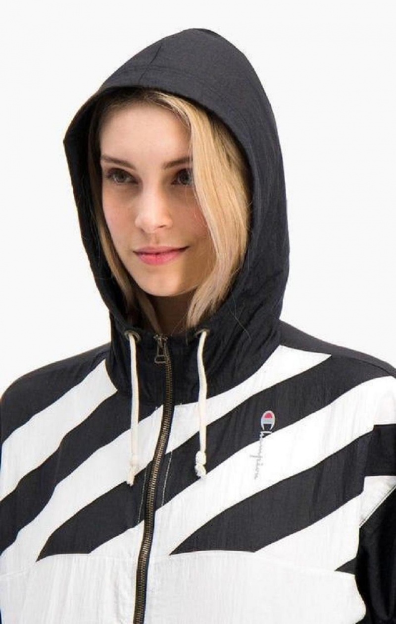 Champion Diagonal Stripe Csuklyás Rain Jacket Női Kabát Fekete Fehér | 0367-ODBHT