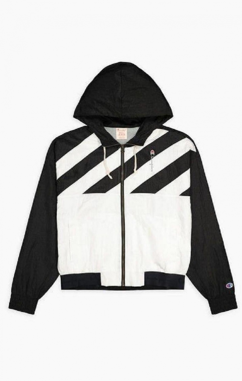 Champion Diagonal Stripe Csuklyás Rain Jacket Női Kabát Fekete Fehér | 0367-ODBHT