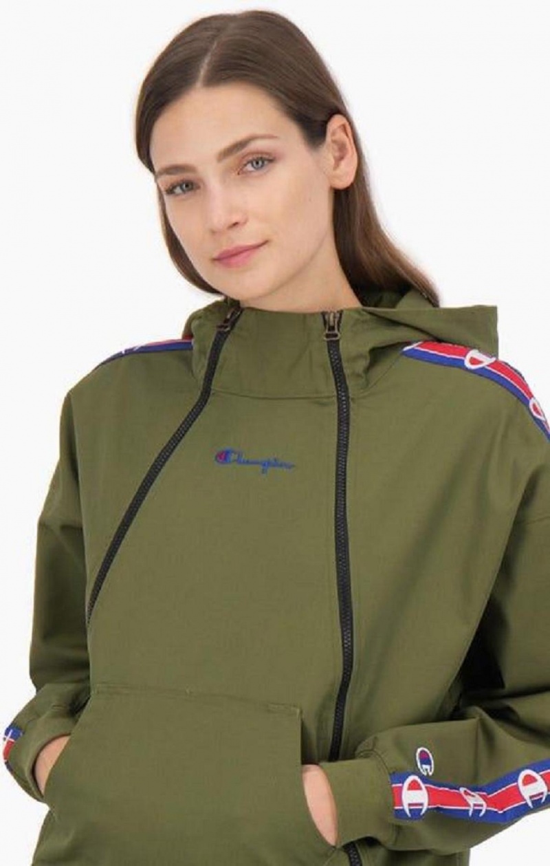 Champion Double Zip Logo Tape Utility Csuklyás Jacket Női Kapucnis Pulóver Olivazöld Zöld | 8964-JPEBG