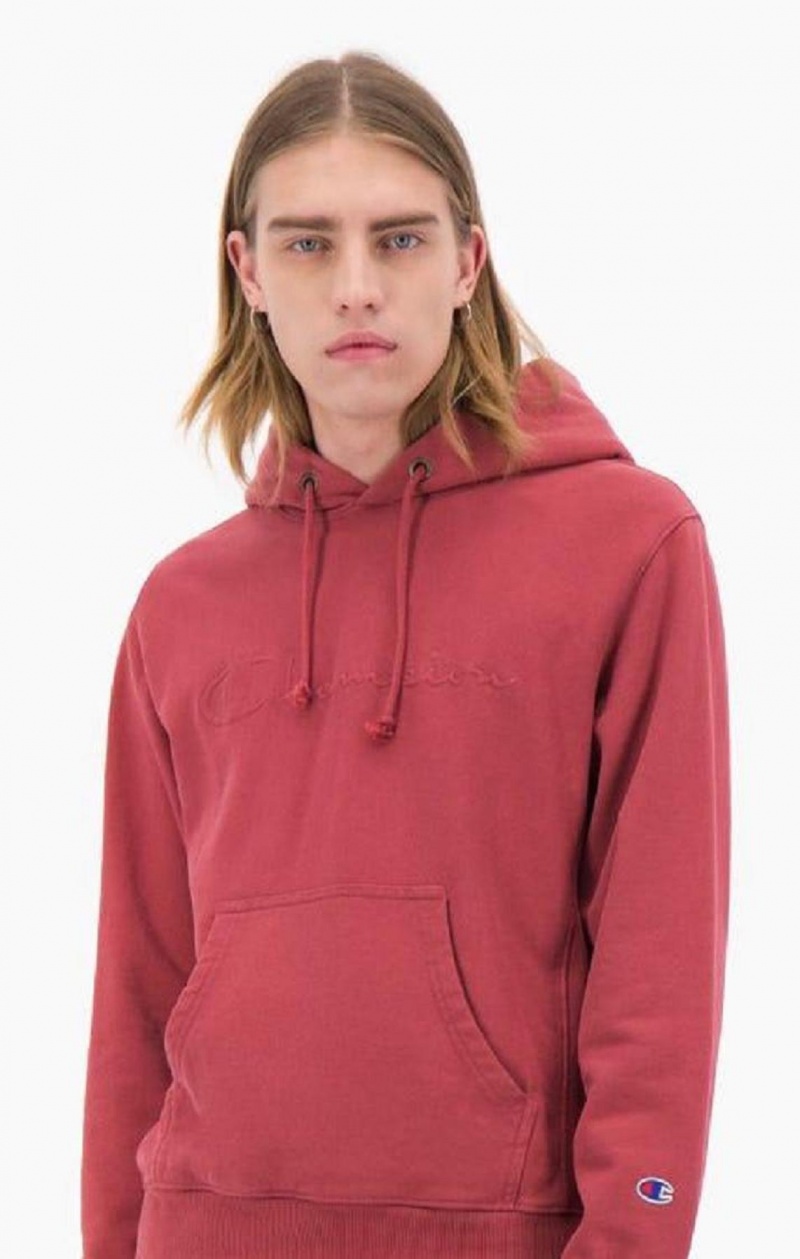 Champion Embossed Script Logo Reverse Weave Hoodie Férfi Kapucnis Pulóver Piros | 6249-KTZLA