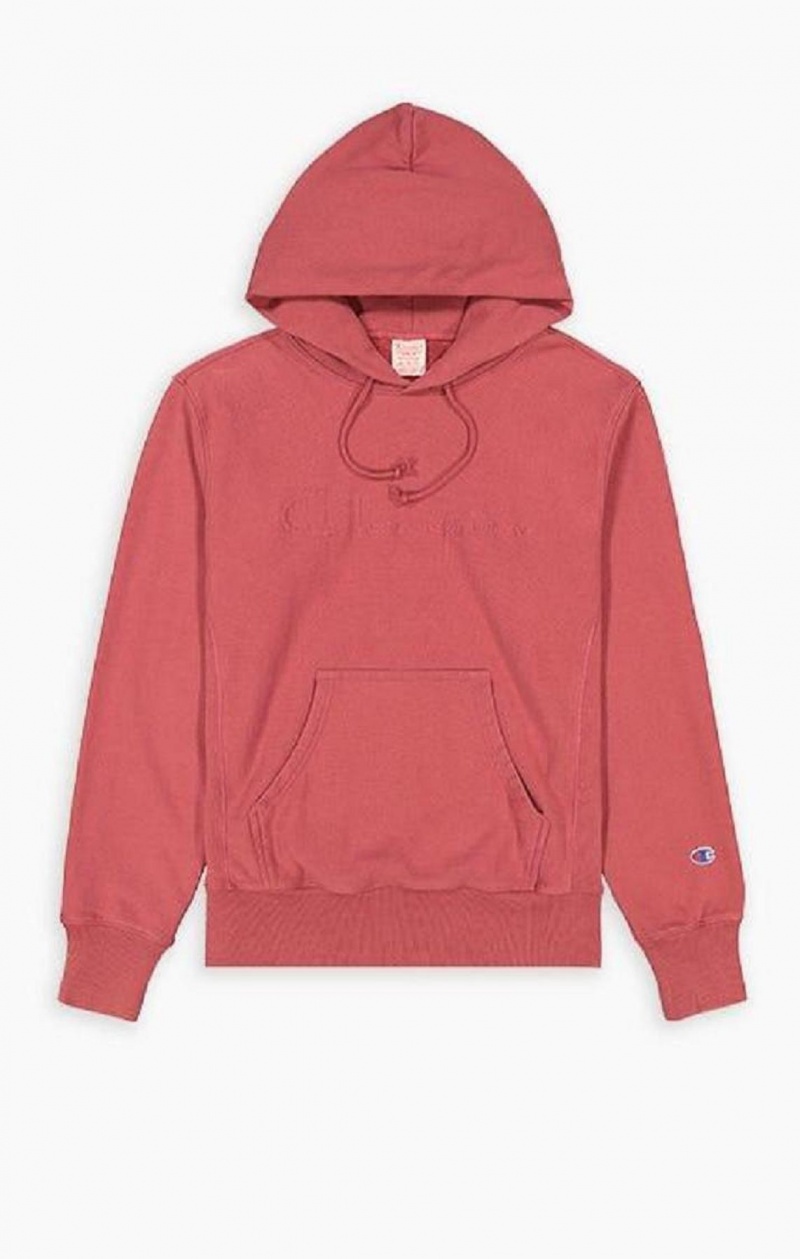 Champion Embossed Script Logo Reverse Weave Hoodie Férfi Kapucnis Pulóver Piros | 6249-KTZLA