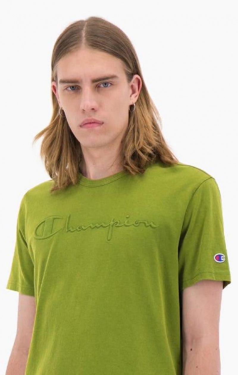 Champion Embossed Script Logo T-Shirt Férfi Póló Zöld | 9215-PBAIE