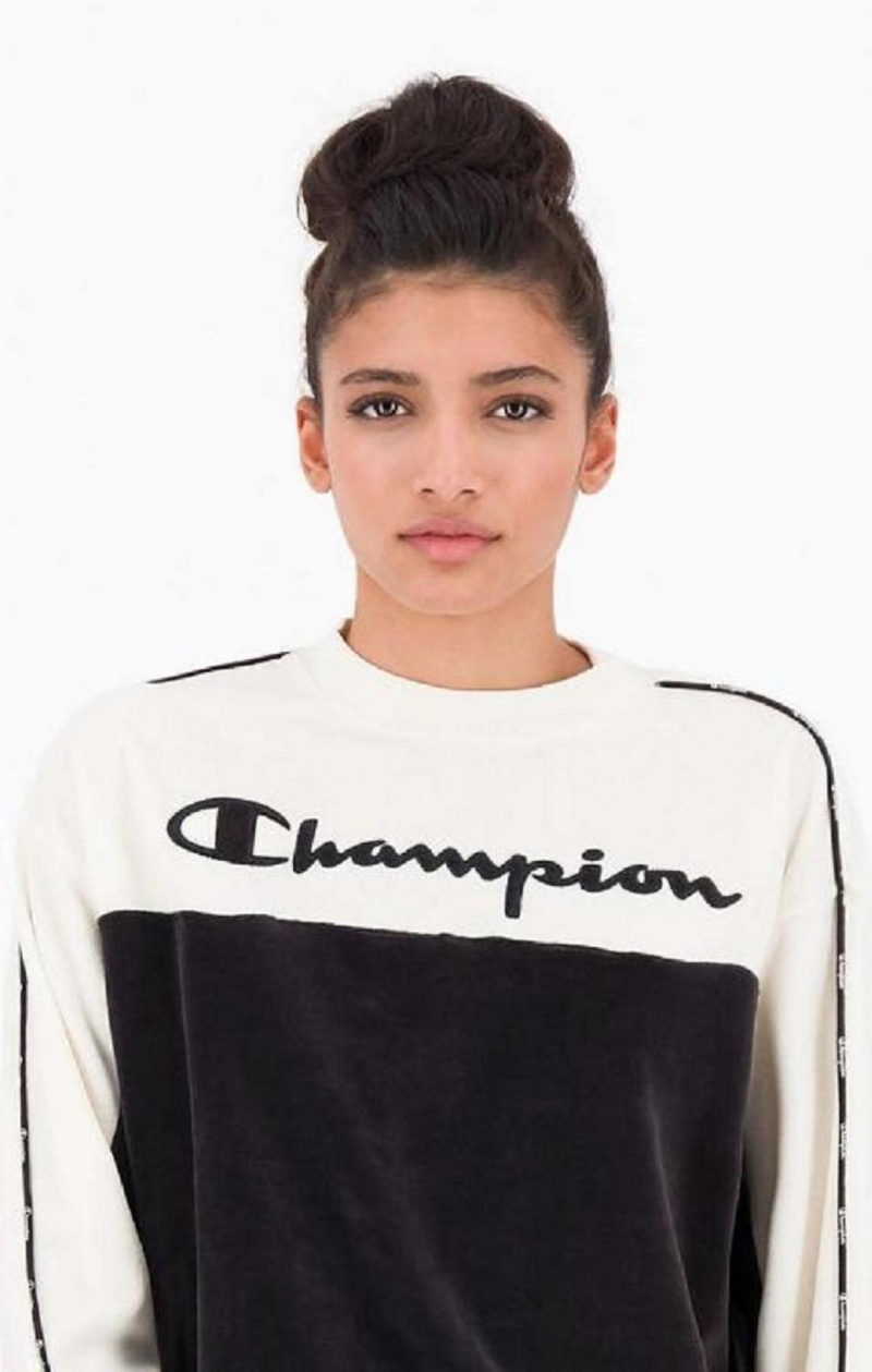 Champion Embroidered Logo Velour Sweatshirt Női Pulóverek Fekete | 3152-SQLJZ