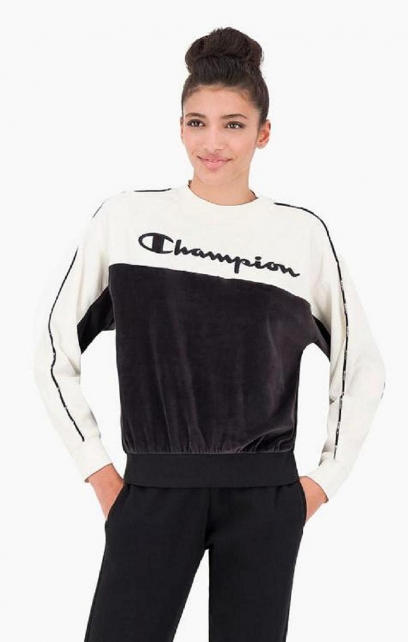 Champion Embroidered Logo Velour Sweatshirt Női Pulóverek Fekete | 3152-SQLJZ