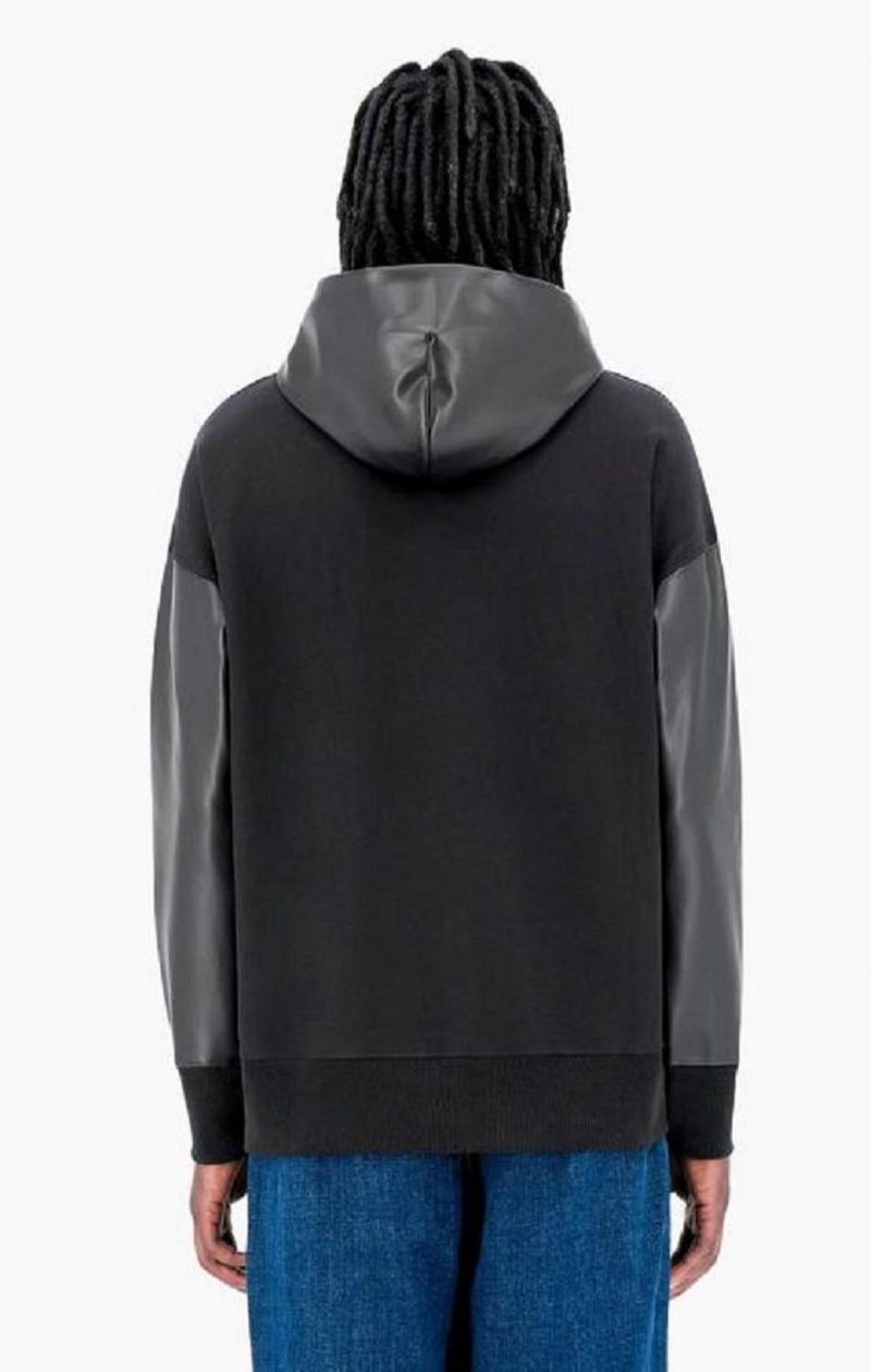 Champion Faux Bőr Panel Reverse Weave Hoodie Férfi Kapucnis Pulóver Fekete | 7516-AZHVD