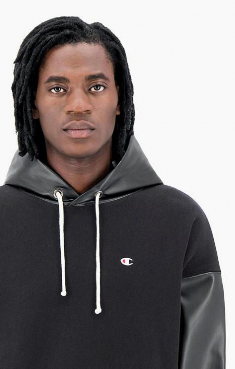 Champion Faux Bőr Panel Reverse Weave Hoodie Férfi Kapucnis Pulóver Fekete | 7516-AZHVD