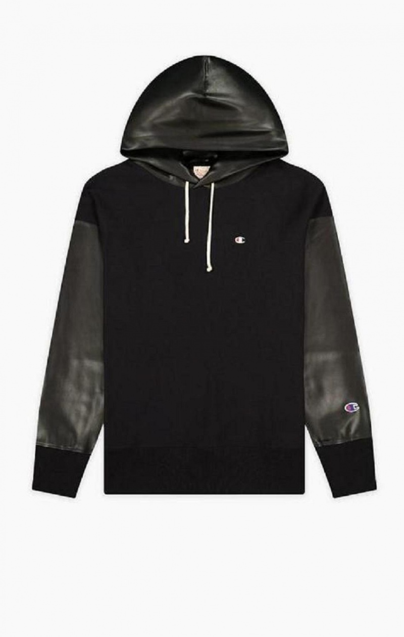 Champion Faux Bőr Panel Reverse Weave Hoodie Férfi Kapucnis Pulóver Fekete | 7516-AZHVD