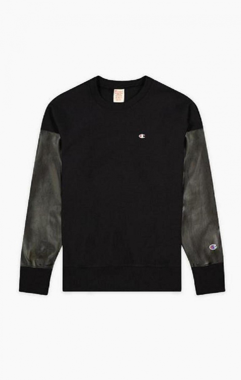 Champion Faux Bőr Panel Reverse Weave Sweatshirt Férfi Pulóverek Fekete | 0325-LRQVB