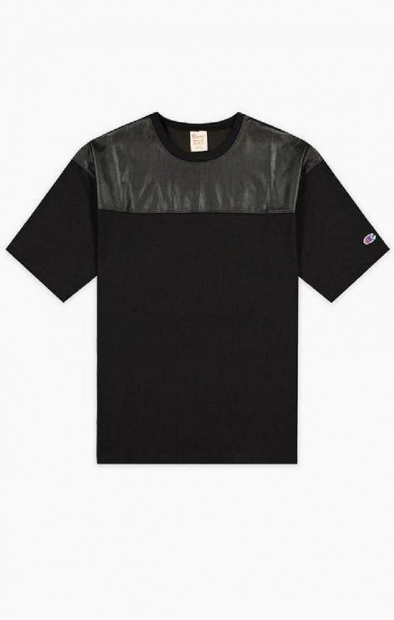 Champion Faux Bőr Panel T-Shirt Férfi Póló Fekete | 9235-XELRF