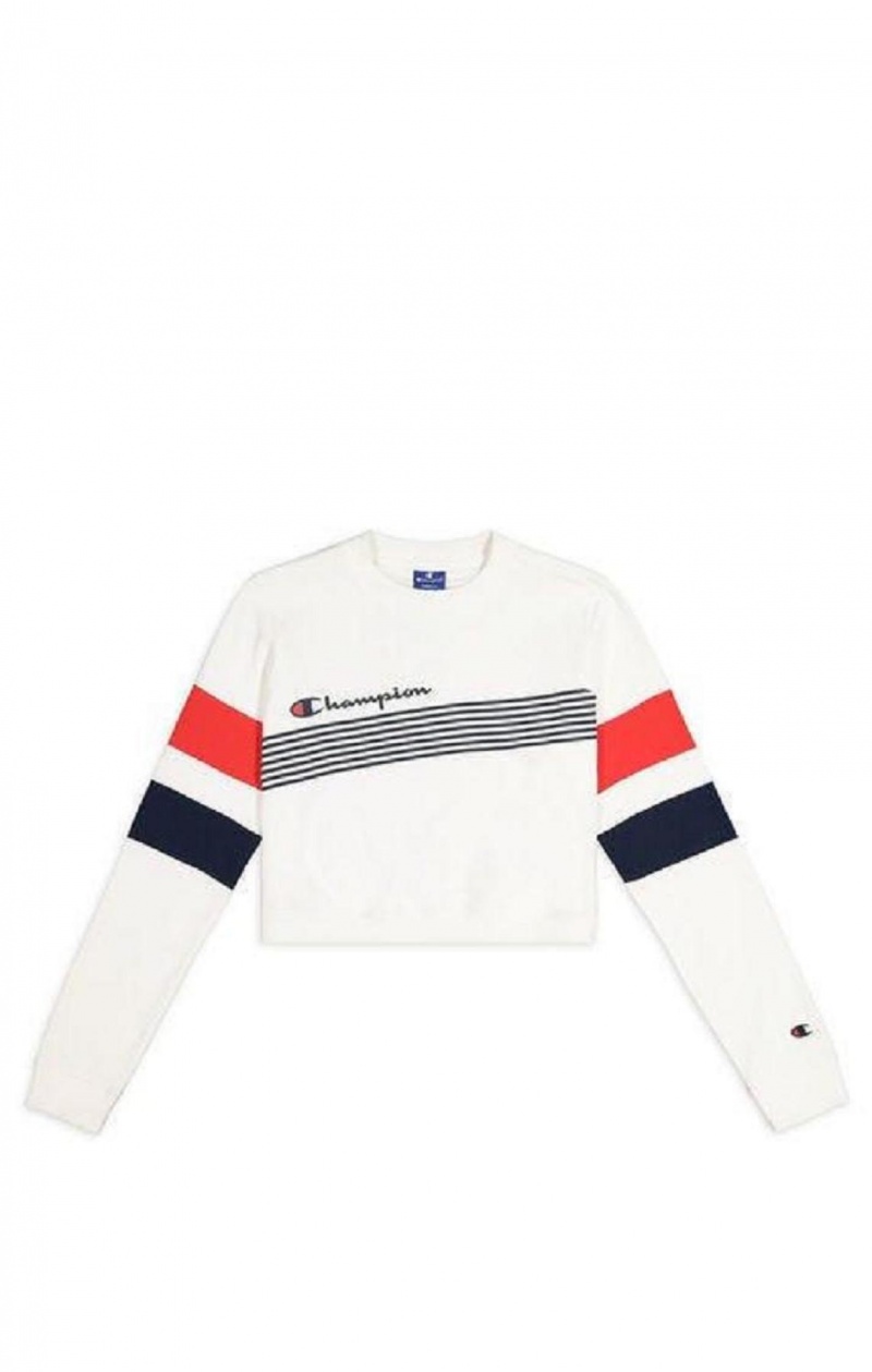 Champion Grafika Stripe And Colour Block Cropped Sweatshirt Női Pulóverek Fehér | 9742-KMWPA