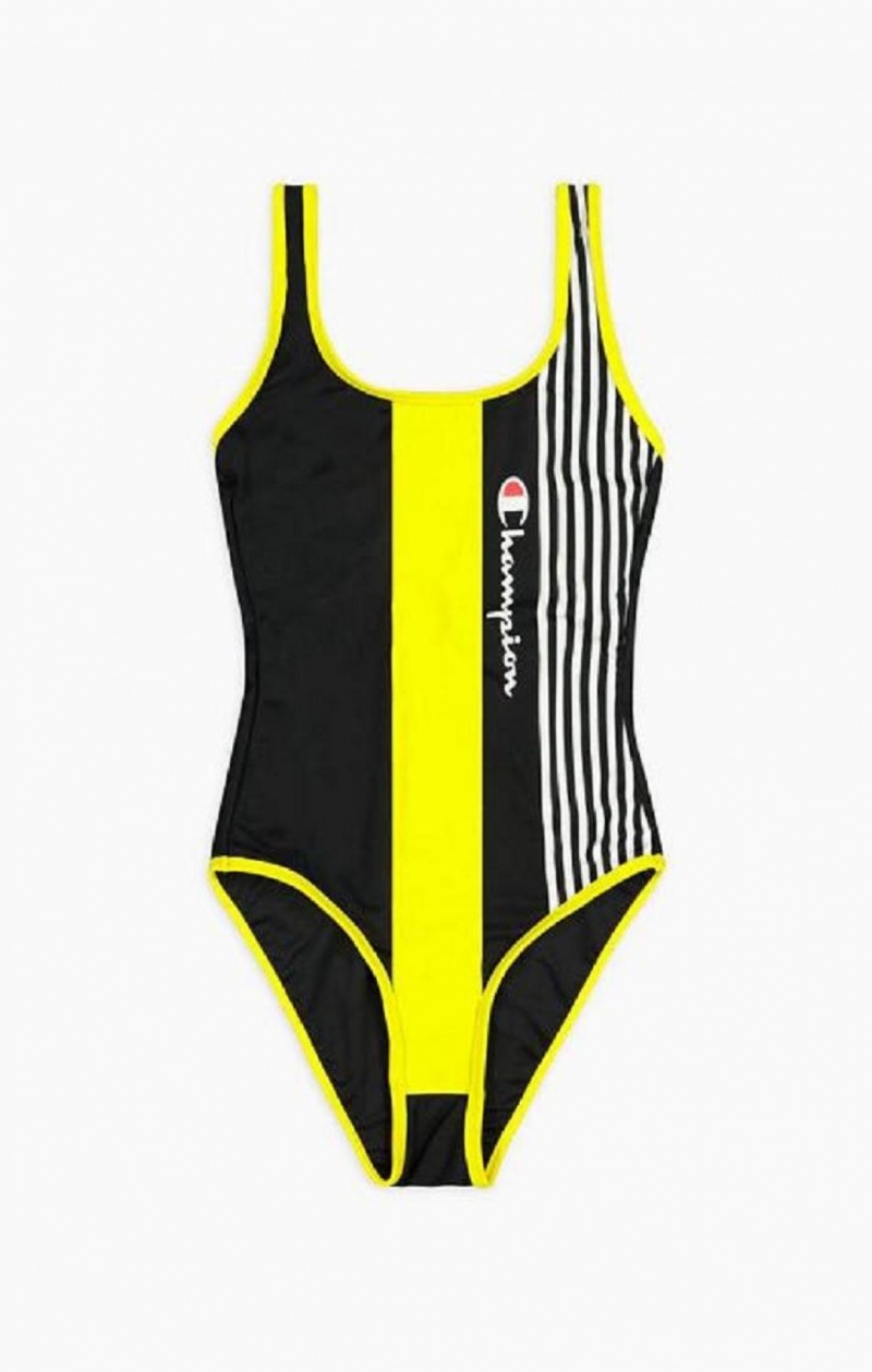 Champion Grafika Stripe Logo Scoop Back Swimsuit Női Fürdőruha Fekete | 9012-ZSHGT