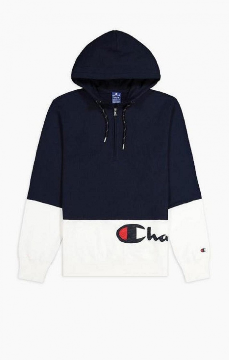 Champion Half Zip-Up Colour Block Hoodie Férfi Kapucnis Pulóver Sötéttürkiz | 2301-TMVYO