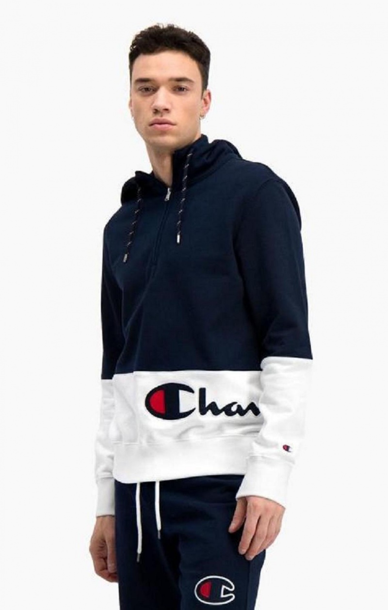 Champion Half Zip-Up Colour Block Hoodie Férfi Kapucnis Pulóver Sötéttürkiz | 2301-TMVYO