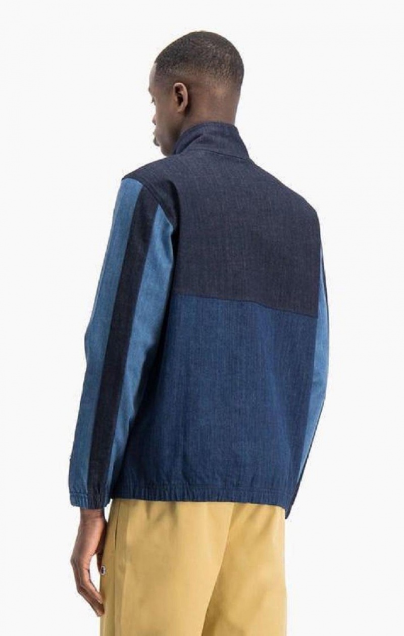 Champion Half Zip-Up Denim Patchwork Sweatshirt Férfi Pulóverek Türkiz Kék | 7641-DUXKB