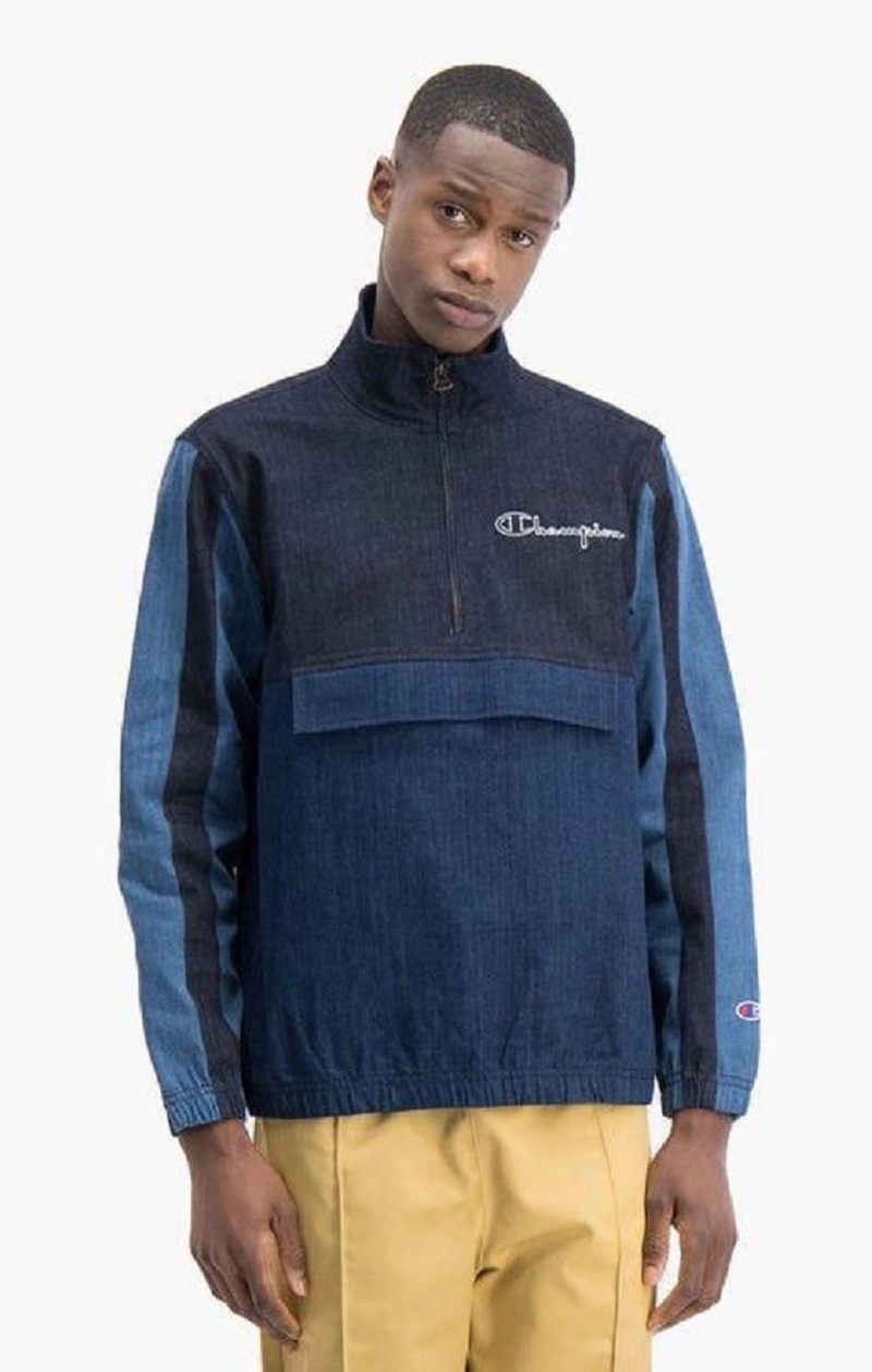 Champion Half Zip-Up Denim Patchwork Sweatshirt Férfi Pulóverek Türkiz Kék | 7641-DUXKB