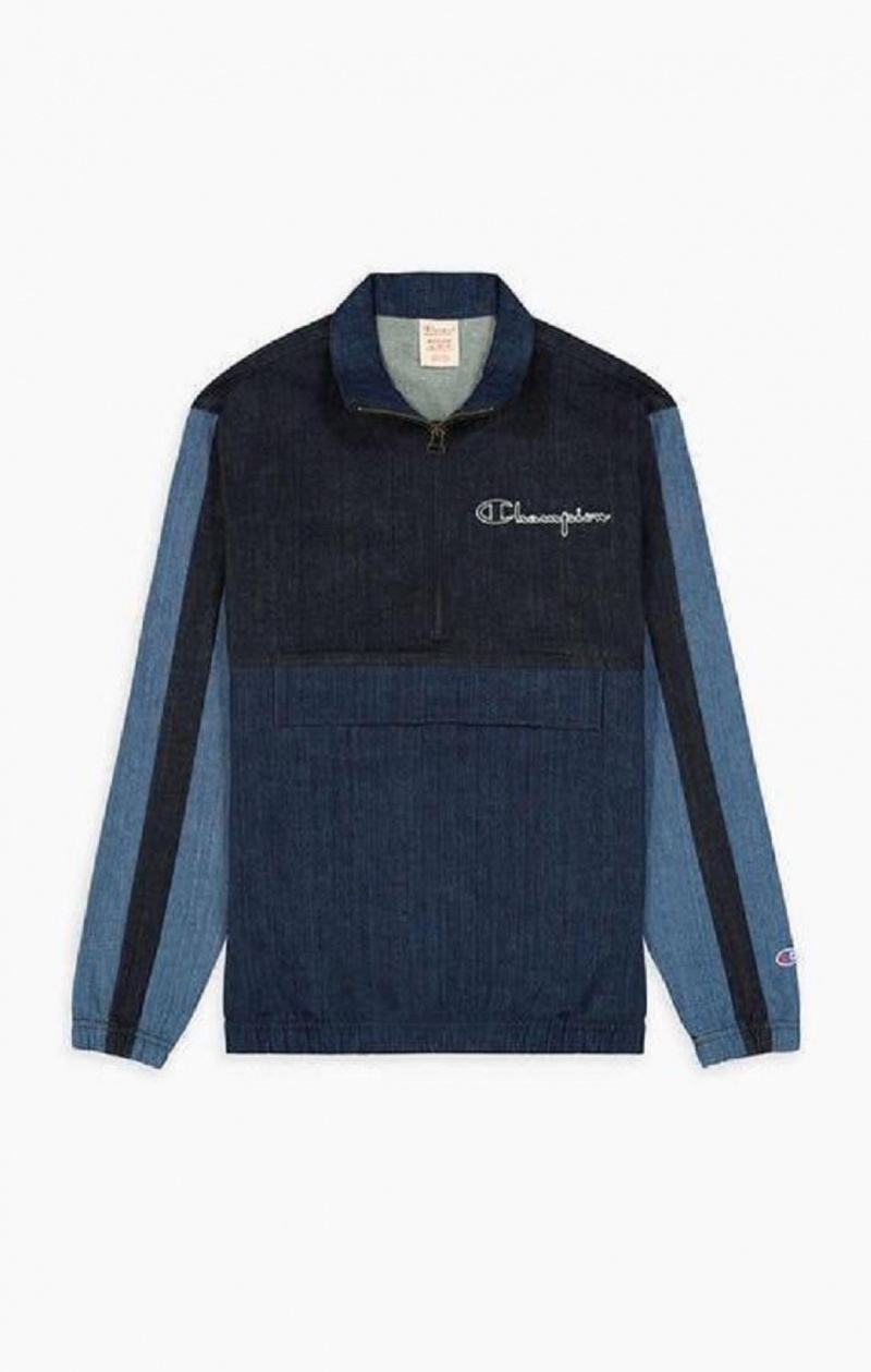 Champion Half Zip-Up Denim Patchwork Sweatshirt Férfi Pulóverek Türkiz Kék | 7641-DUXKB