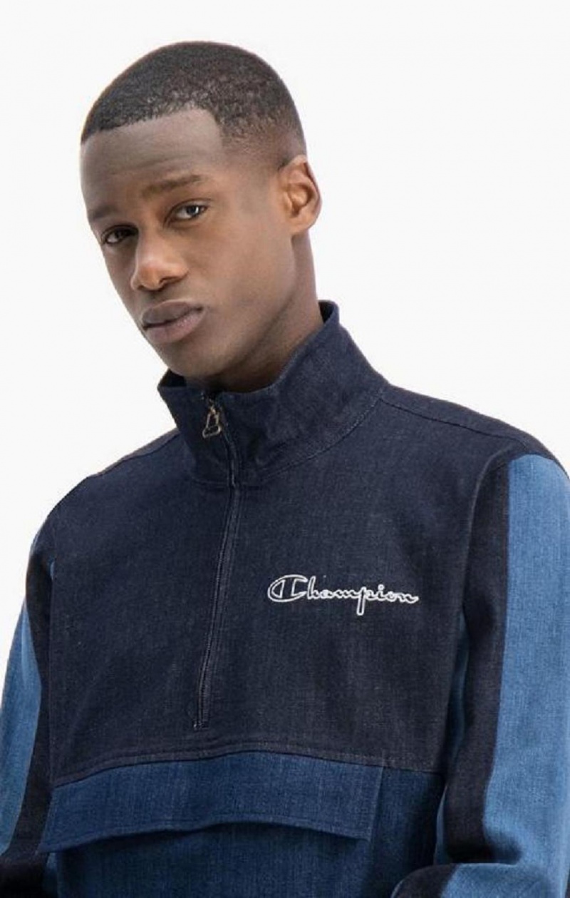 Champion Half Zip-Up Denim Patchwork Sweatshirt Férfi Pulóverek Türkiz Kék | 7641-DUXKB