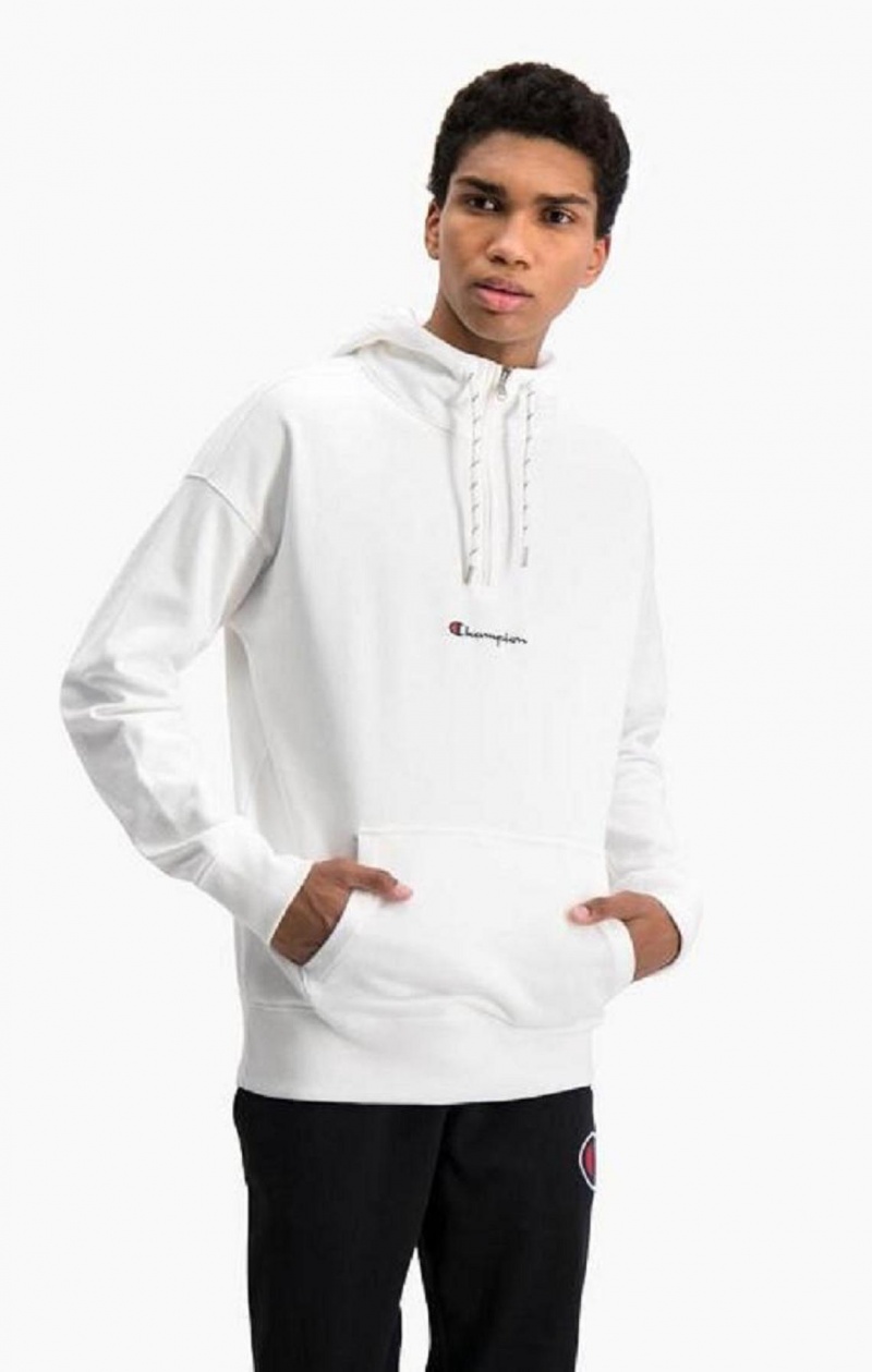 Champion Half Zip-Up Oversized Script Logo Hoodie Férfi Kapucnis Pulóver Fehér | 7658-AGIDQ