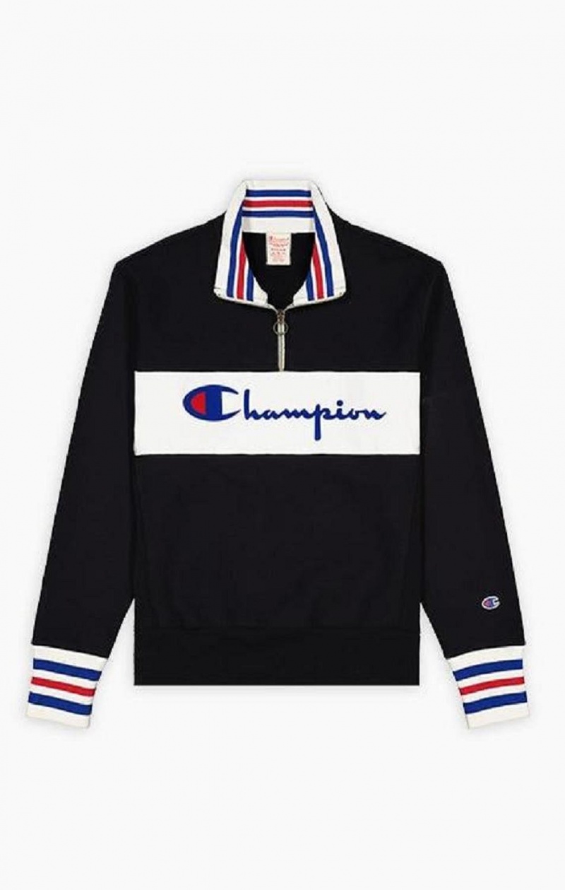 Champion Half Zip-Up Script Logo Sweatshirt Férfi Pulóverek Fekete | 0596-PVFKX