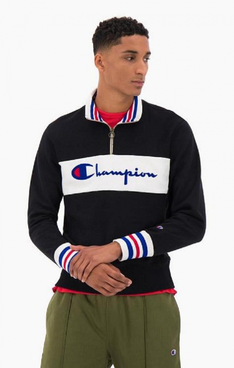 Champion Half Zip-Up Script Logo Sweatshirt Férfi Pulóverek Fekete | 0596-PVFKX