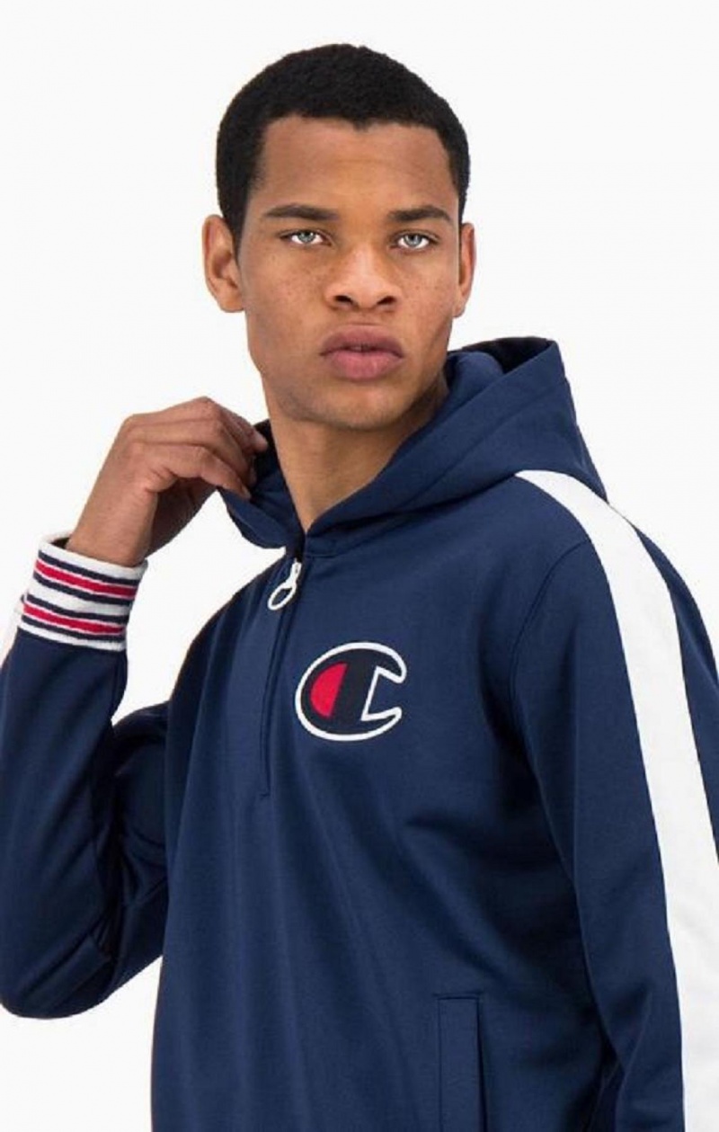 Champion Half Zip-Up Stripe Sleeve Basketball Sweatshirt Férfi Kapucnis Pulóver Kék | 6291-EDRXJ