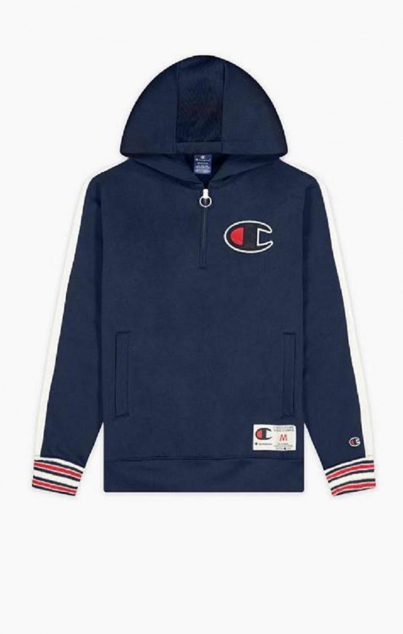 Champion Half Zip-Up Stripe Sleeve Basketball Sweatshirt Férfi Kapucnis Pulóver Kék | 6291-EDRXJ