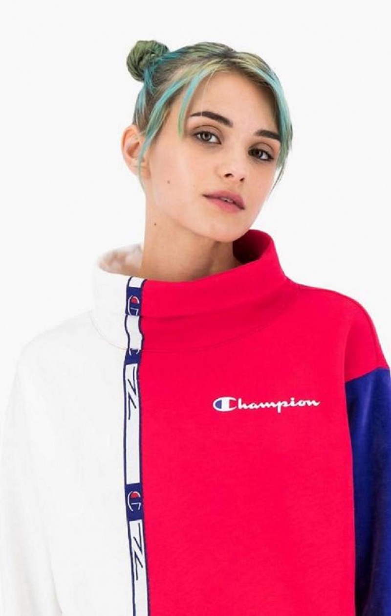 Champion High Neck Colour Block Retro Sweatshirt Női Pulóverek Piros Fehér | 7821-TECDJ