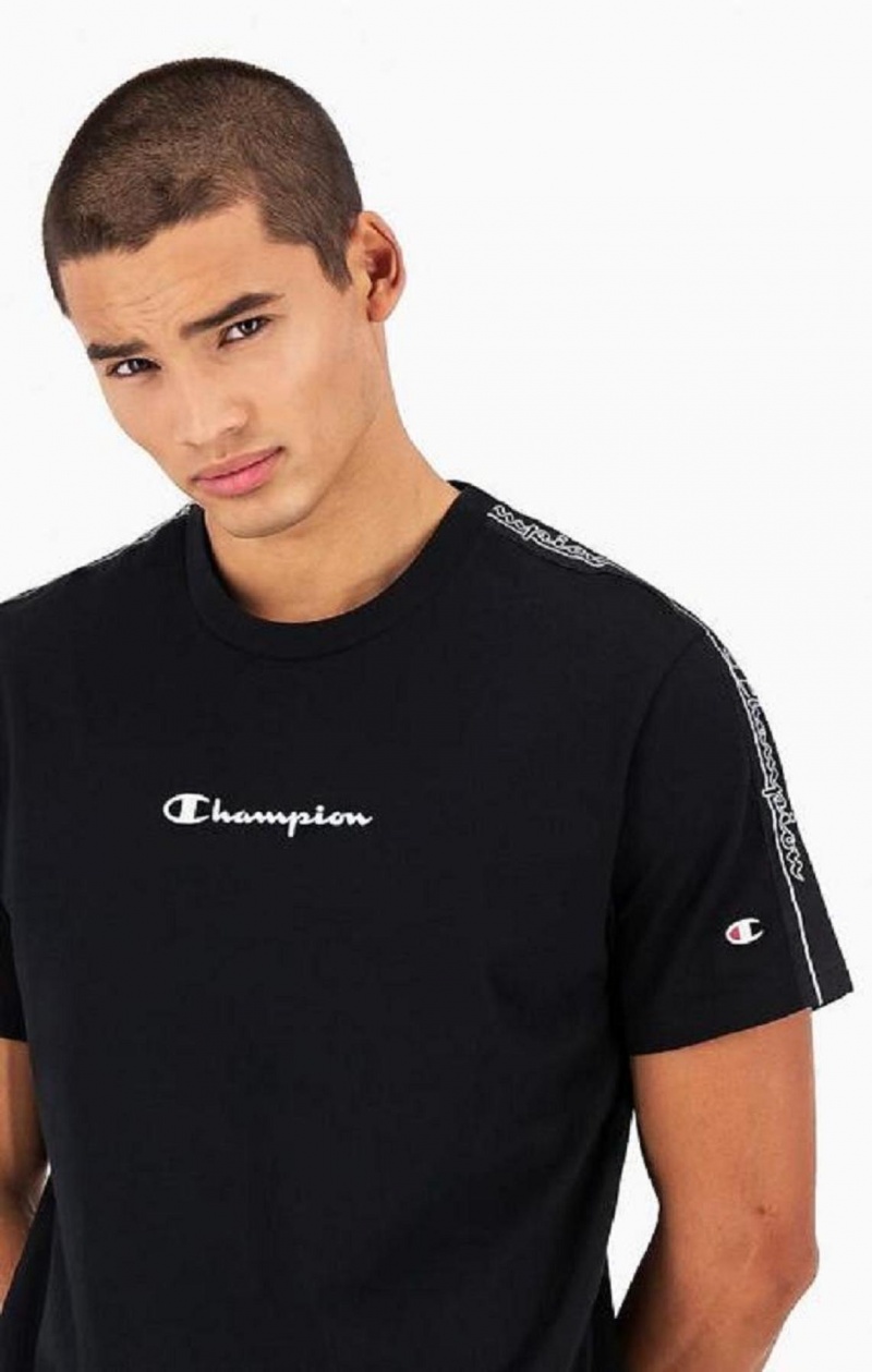 Champion Jacquard Logo Tape T-Shirt Férfi Póló Fekete | 8301-DWXUK