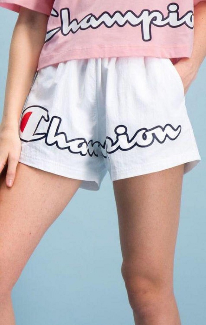 Champion Logo Leg Pálya Shorts Női Rövidnadrág Fehér | 3850-LDFGB