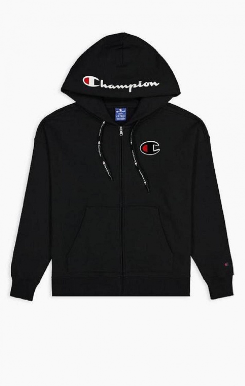 Champion Logo Pamut Terry Hoodie Női Kapucnis Pulóver Fekete | 0354-HMNDU