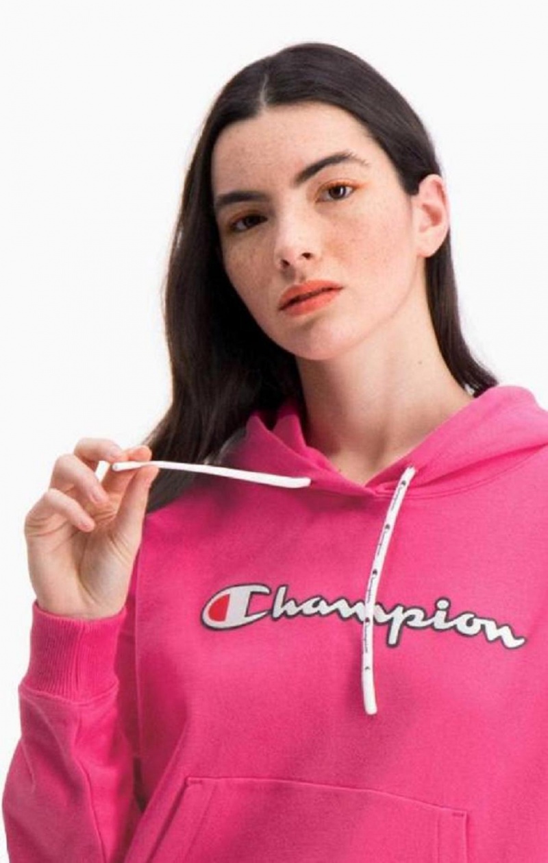 Champion Logo Pamut Terry Hoodie Női Kapucnis Pulóver Sötétrózsaszín | 7209-DVECF