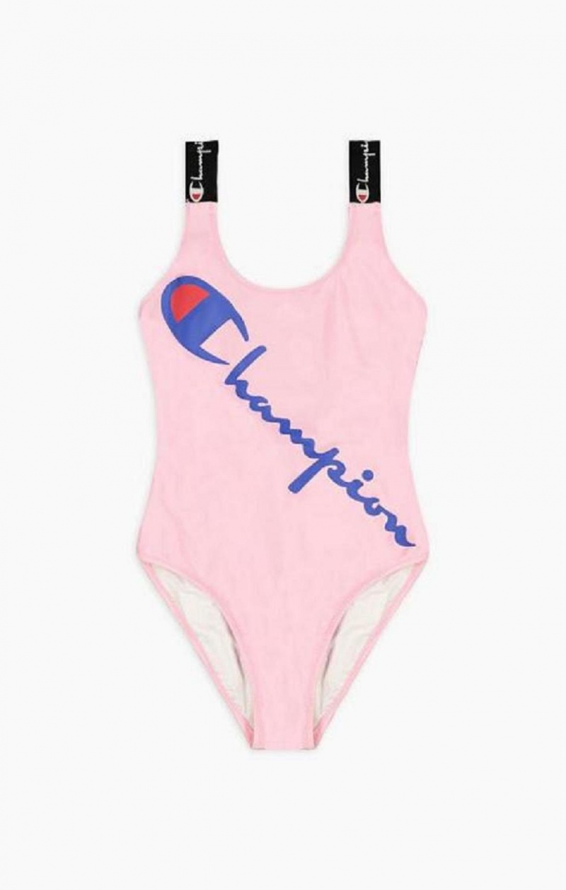 Champion Logo Straps Diagonal Script Logo Swimsuit Női Fürdőruha Rózsaszín | 2189-WGCHU