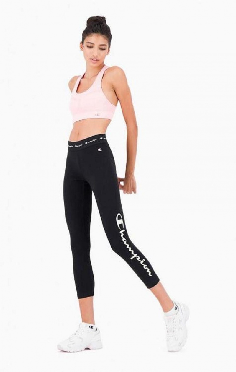 Champion Logo Tape Stretch Crop Leggings Női Jogger Nadrág Fekete | 5603-TCVNO