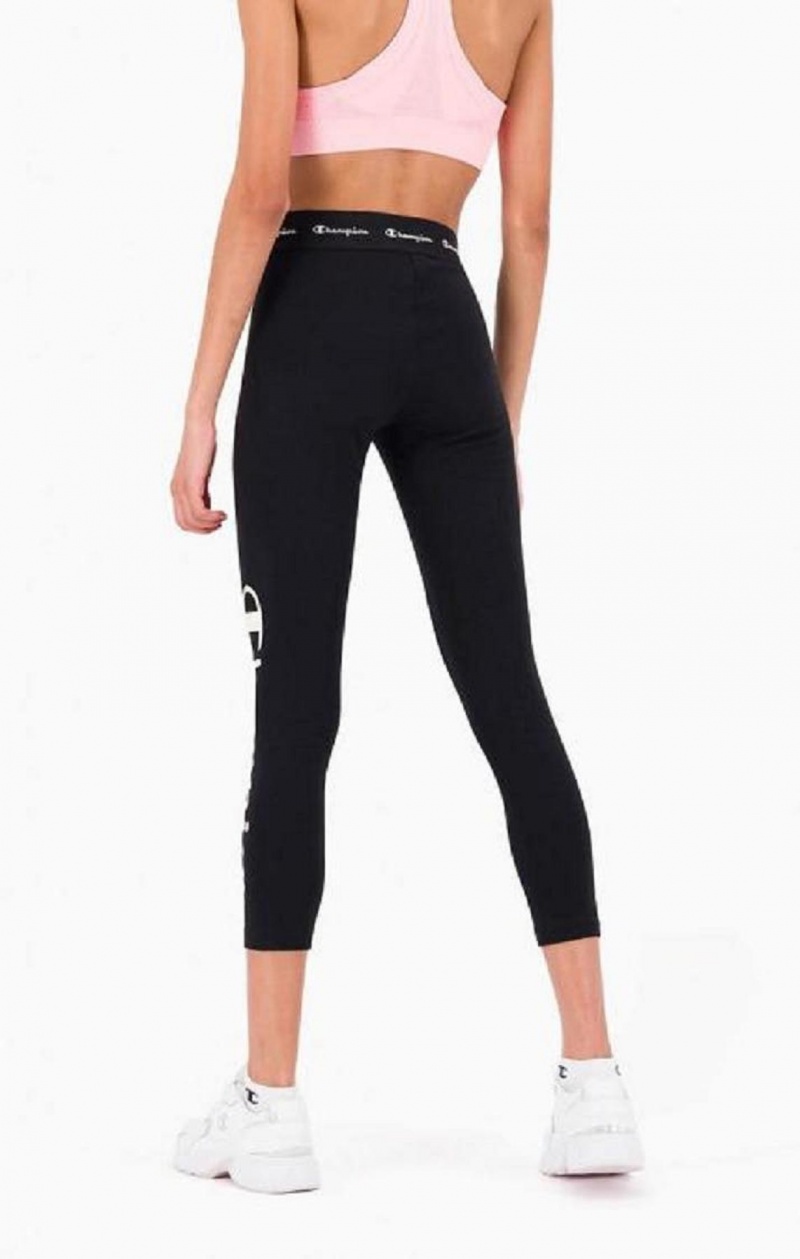 Champion Logo Tape Stretch Crop Leggings Női Jogger Nadrág Fekete | 5603-TCVNO