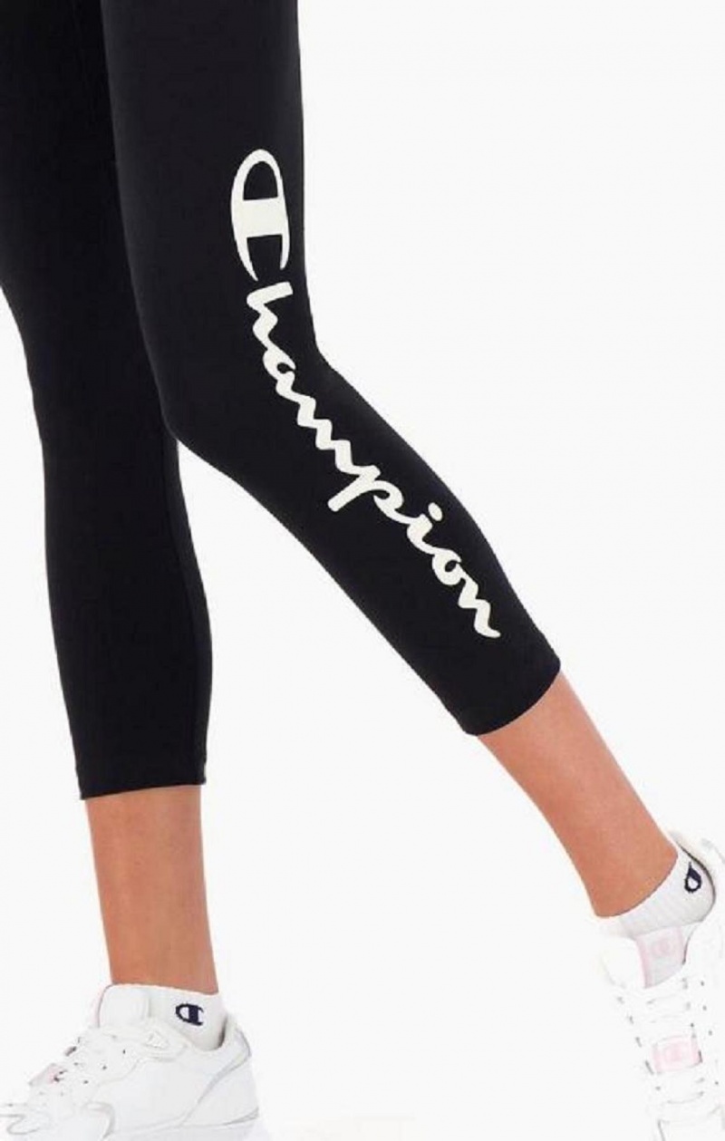 Champion Logo Tape Stretch Crop Leggings Női Jogger Nadrág Fekete | 5603-TCVNO