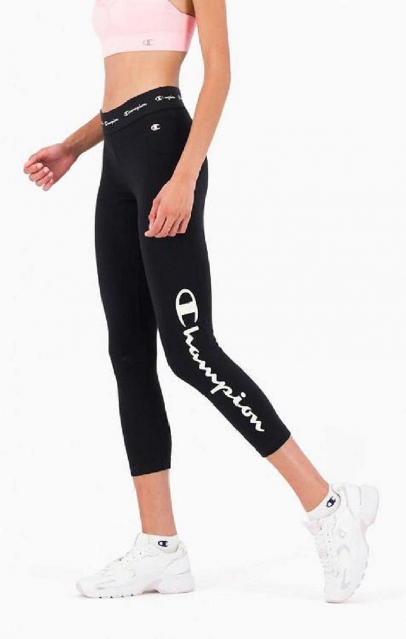 Champion Logo Tape Stretch Crop Leggings Női Jogger Nadrág Fekete | 5603-TCVNO