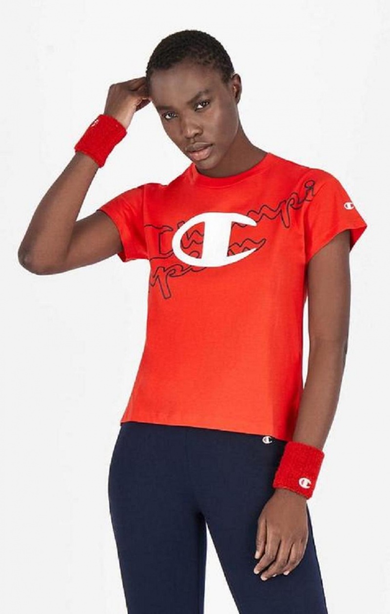 Champion Multi Logo Cropped T-Shirt Női Póló Piros | 4972-BAHKP