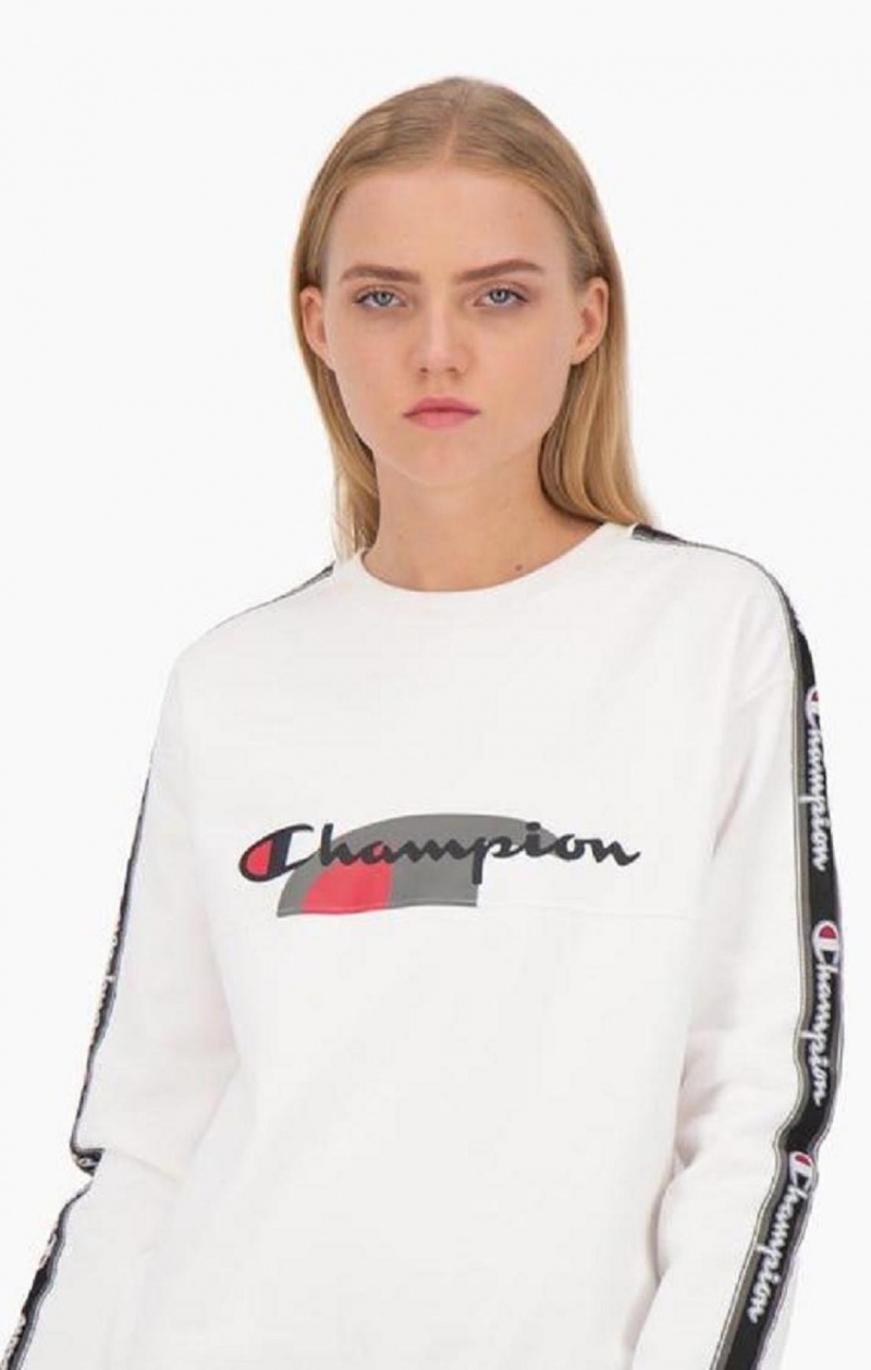 Champion Multi Logo Jacquard Tape Sweatshirt Női Pulóverek Fehér | 8063-TFQVW