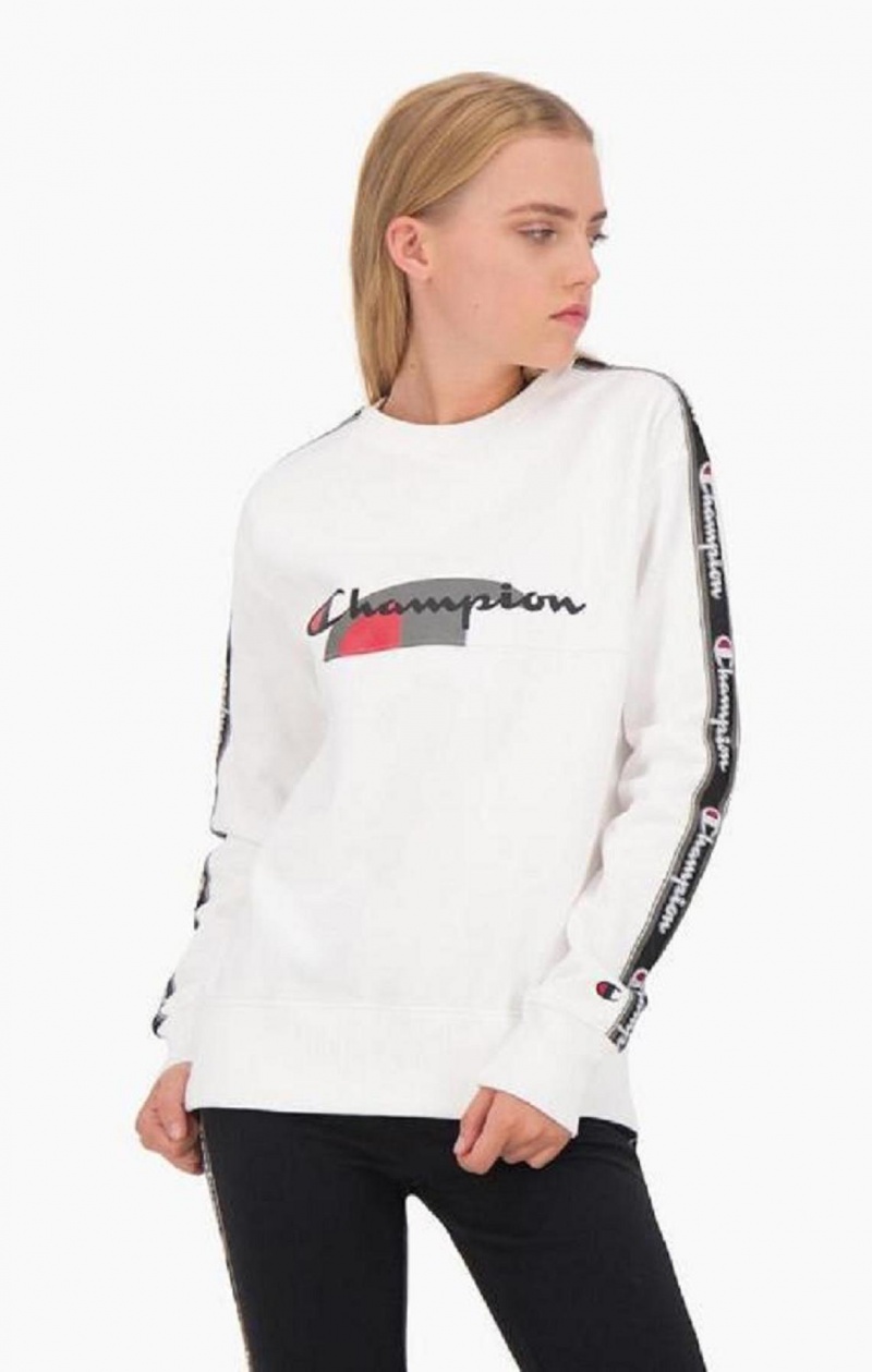 Champion Multi Logo Jacquard Tape Sweatshirt Női Pulóverek Fehér | 8063-TFQVW