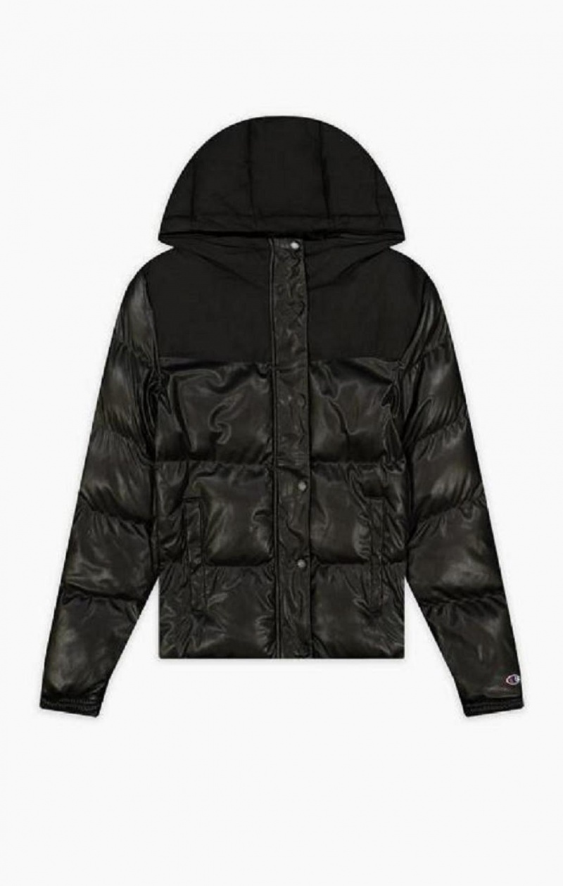 Champion Oversized Faux Bőr Detail Csuklyás Jacket Női Kabát Fekete | 0216-MYACX