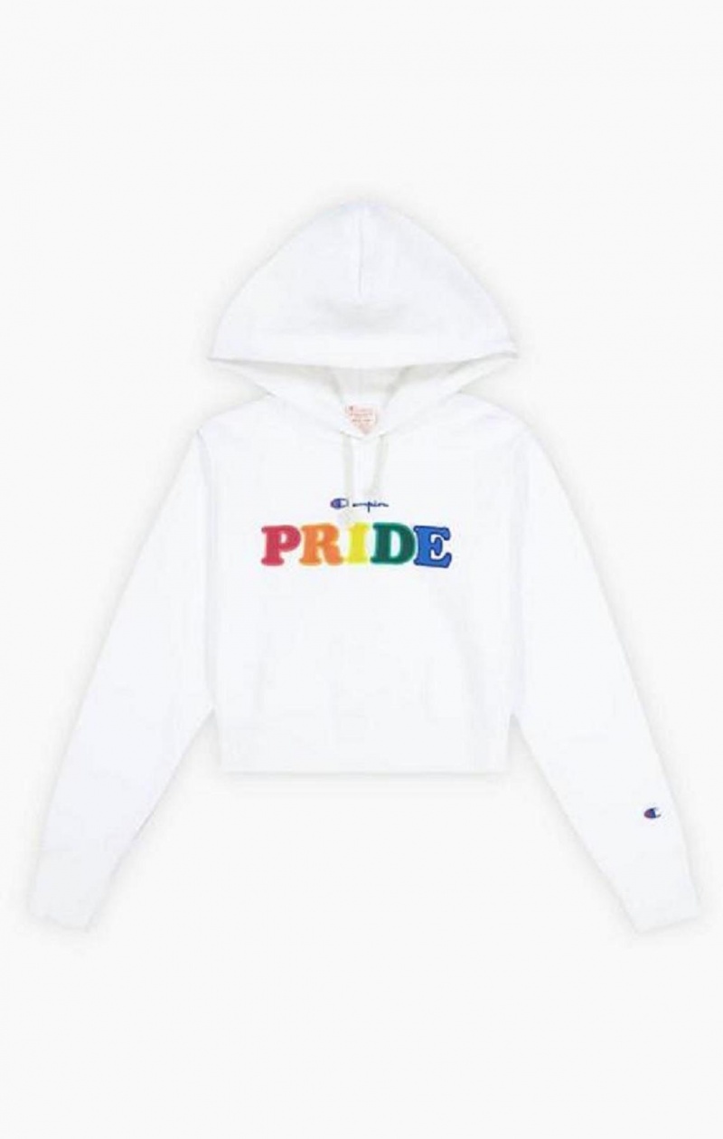 Champion PRIDE Reverse Weave Cropped Hoodie Női Kapucnis Pulóver Fehér | 7230-SJKXM