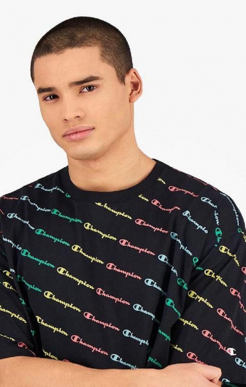 Champion Pastel All-Over Script Logo Print T-Shirt Férfi Póló Fekete | 6290-KJUZN