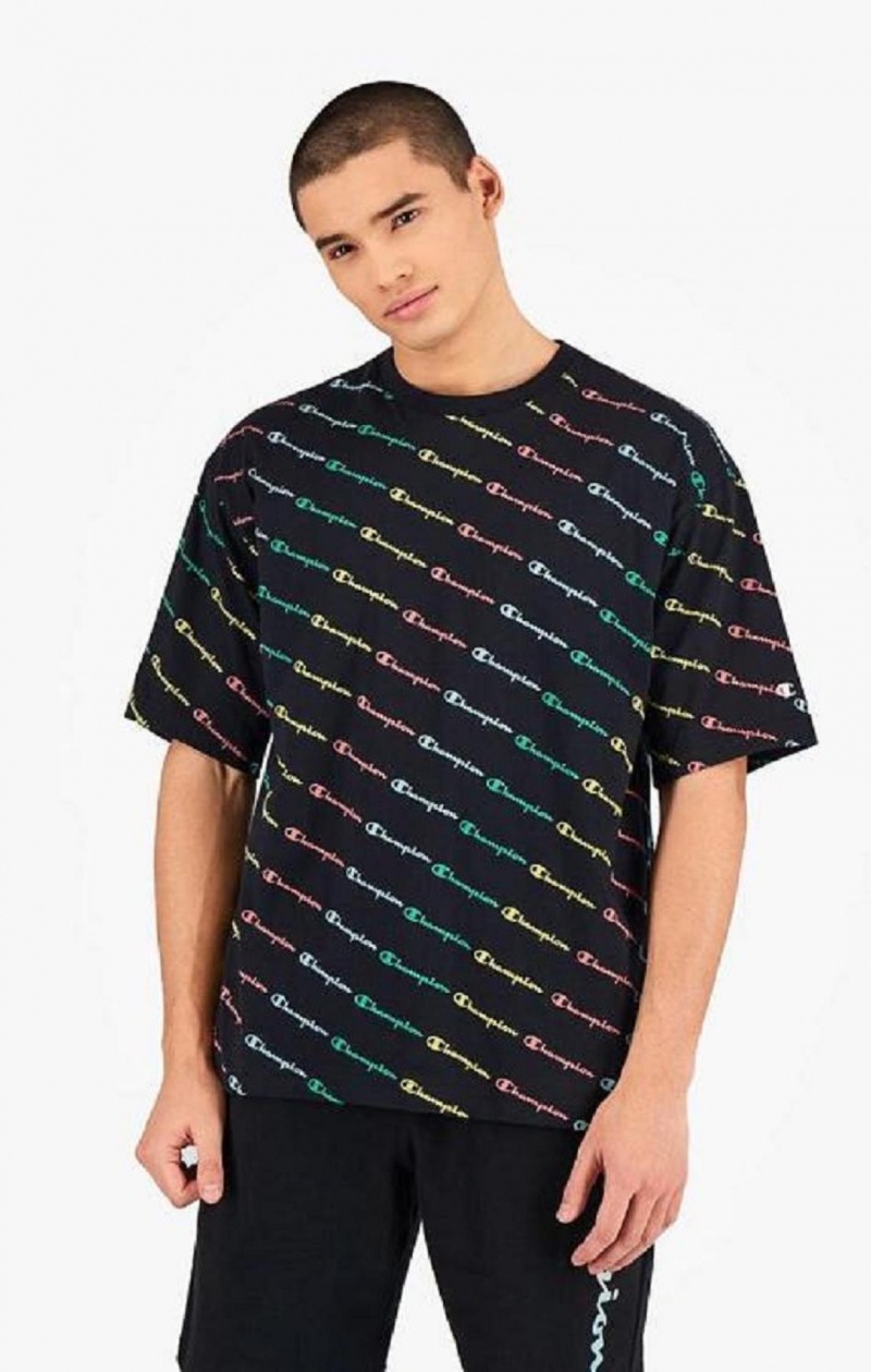 Champion Pastel All-Over Script Logo Print T-Shirt Férfi Póló Fekete | 6290-KJUZN