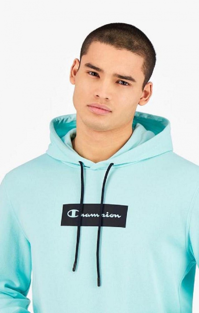 Champion Pastel Box Script Logo Hoodie Férfi Kapucnis Pulóver Világos Kék | 4580-UICMQ