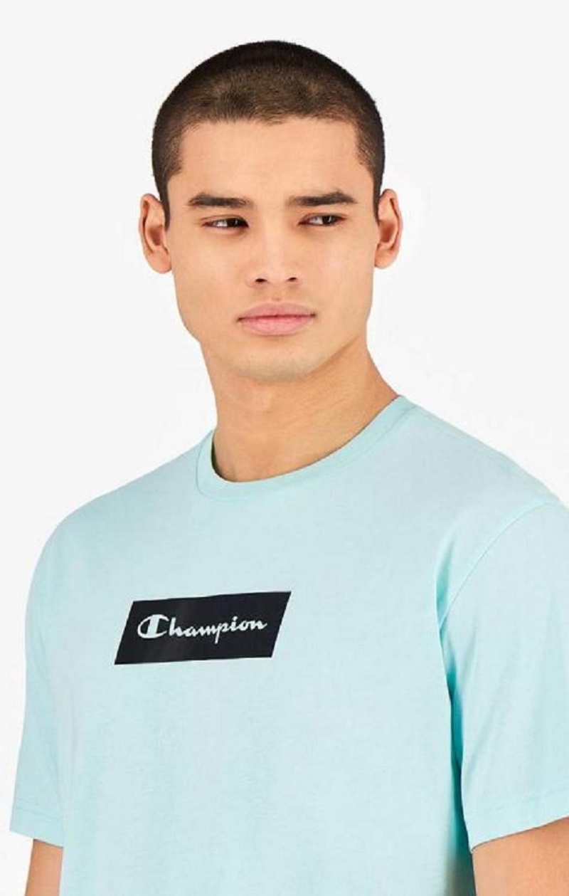 Champion Pastel Box Script Logo T-Shirt Férfi Póló Világos Kék | 4280-SRCAG