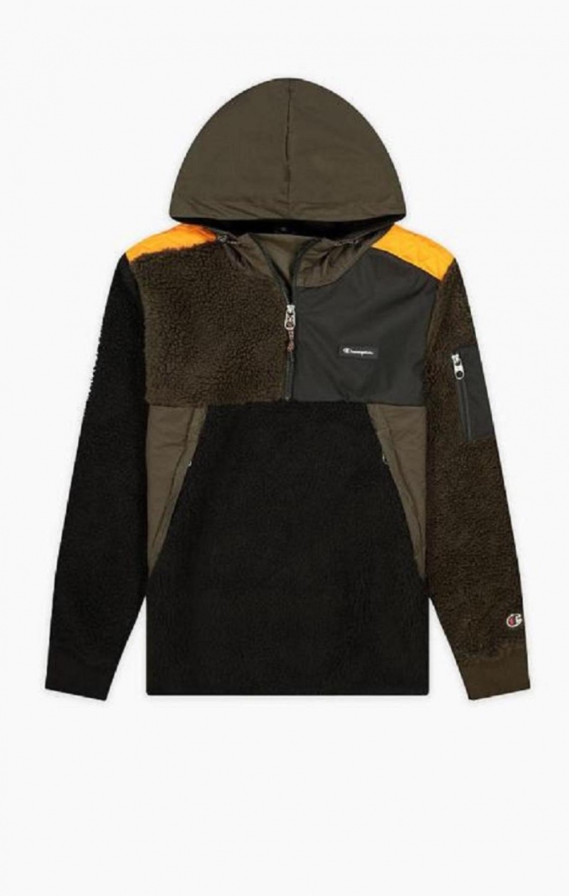 Champion Patchwork Half Zip-Up Teddy Hoodie Férfi Kapucnis Pulóver Fekete | 9037-VTNHM