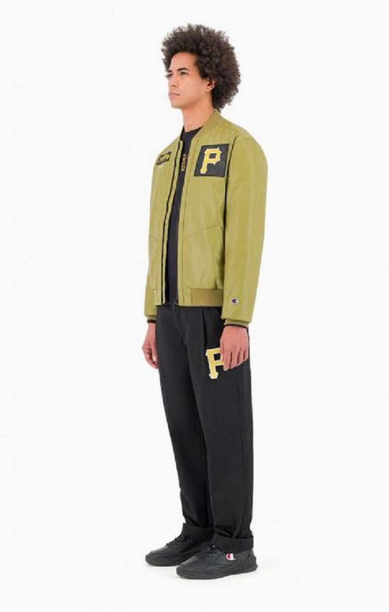 Champion Pittsburgh MLB Fake Bőr Bomber Jacket Férfi Kabát Olivazöld Zöld | 9045-ZJTLY